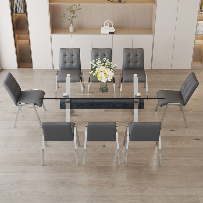 Table And Chair Set, Suitable For Home And Office Use Glass Desktop With Silver Metal Legs And MDF Crossbar, Paired With Grey Checkered Armless High Back Dining Chairs (1 Table And 8 Chairs)