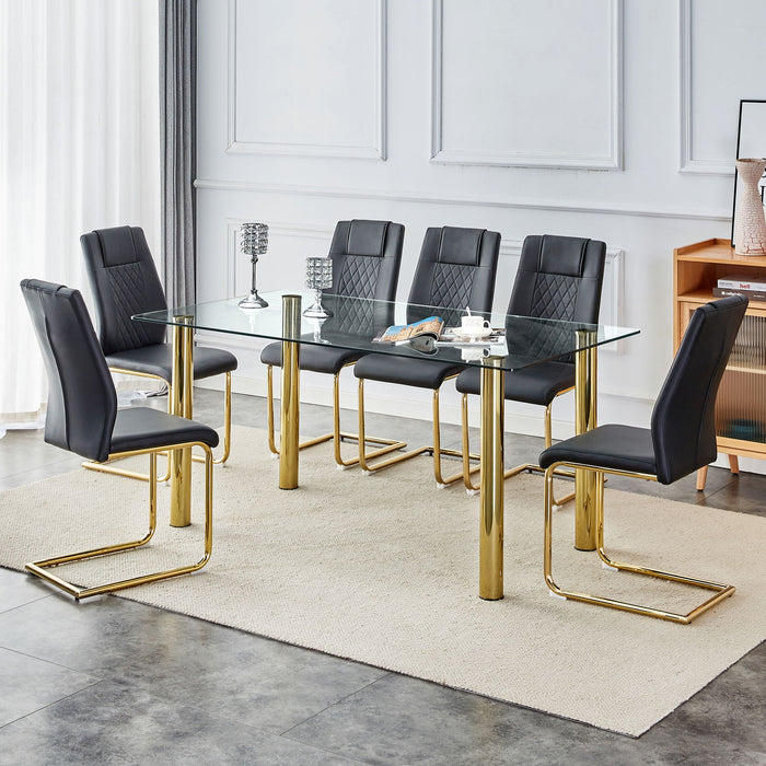Table And Chair Set, 1 Table With 6 Black Chairs. Transparent Tempered Glass Tabletop With A Thickness Of 0.3 Feet And Golden Metal Legs. Paired With PU Black Seat Cushions And Gold Leg Chair