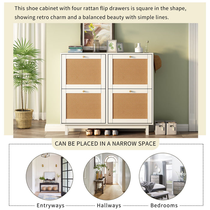 On-Trend Rattan Boho Style Shoe Cabinet With 4 Flip Drawers, Modern 2-Tier Shoe Storage Organizer With Large Space, Free Standing Shoe Rack For Entrance Hallway, White