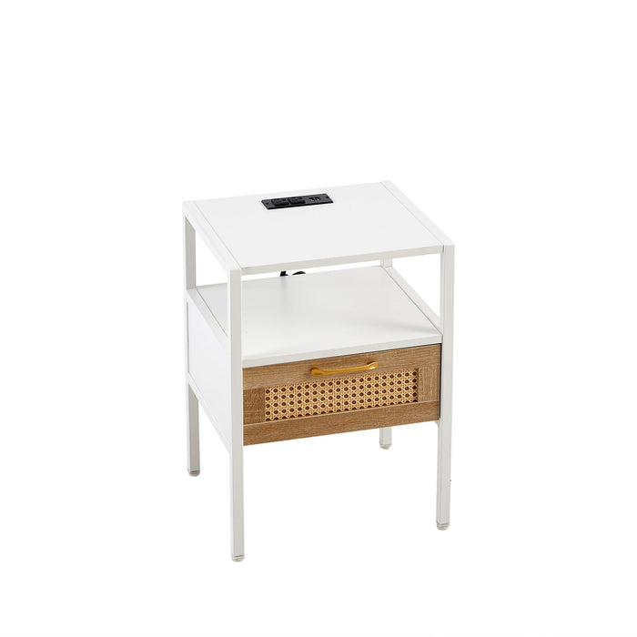 Rattan End Table With Power Outlet & USB Ports, Modern Nightstand With Drawer And Metal Legs, Side Table For Living Room, Bedroom (Set of 2) - White