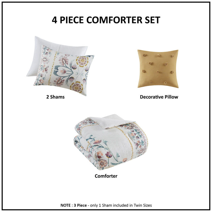 4 Piece Floral Comforter Set With Throw Pillow - Multi