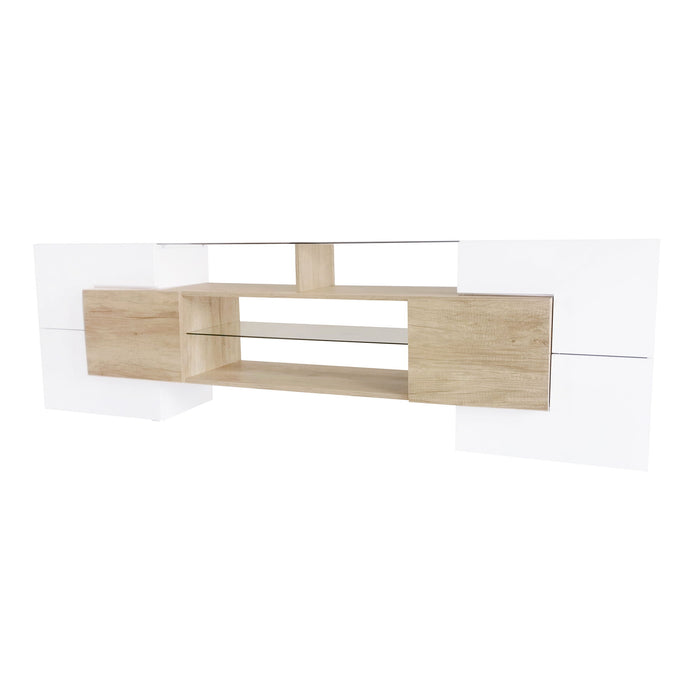 On-Trend Unique Shape TV Stand With 2 Illuminated Glass Shelves, High Gloss Entertainment Center For Tvs Up To 80", Versatile TV Cabinet With Led Color Changing Lights For Living Room, Wood