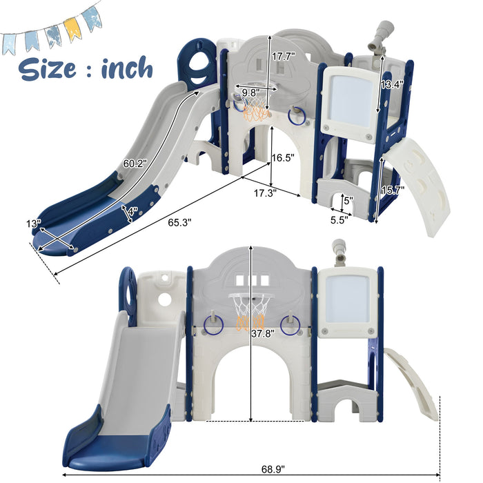 Kids Slide Playset Structure 9 In 1, Freestanding Spaceship Set With Slide, Arch Tunnel, Ring Toss, Drawing Whiteboardl And Basketball Hoop For Toddlers, Kids Climbers Playground - Blue / Grey