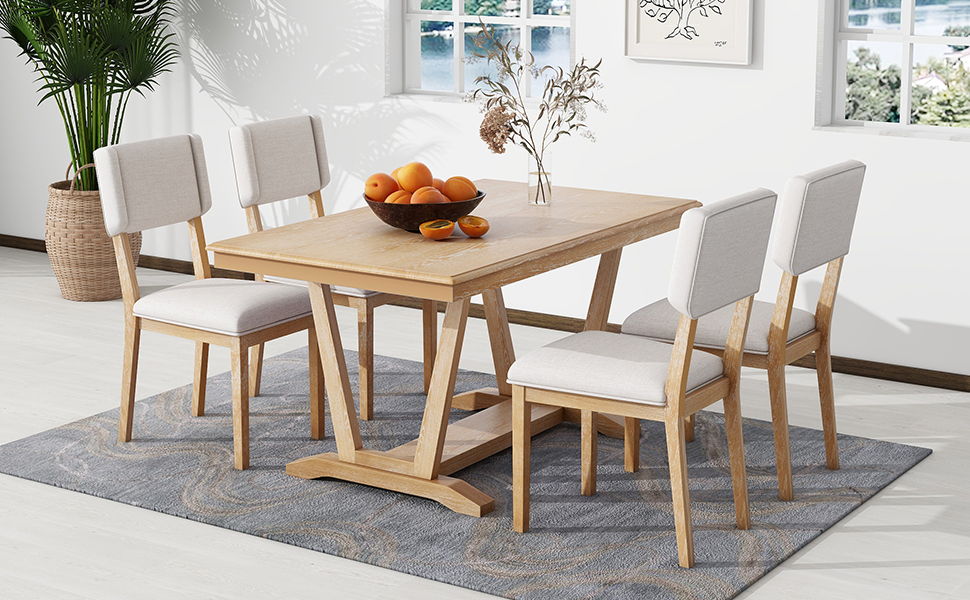 Top max Rustic 5 Piece Dining Table Set With 4 Upholstered Chairs, 59- Inch Rectangular Dining Table With Trestle Table Base, Naural