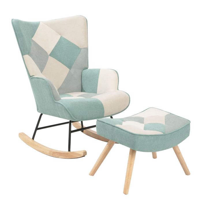 Rocking Chair With Ottoman, Mid Century Fabric Rocker Chair With Wood Legs And Patchwork Linen For Livingroom Bedroom - Blue
