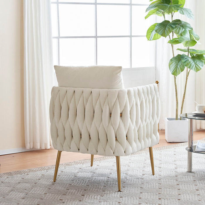 Modern Comfy Handmade Bucket Woven Velvet Accent Chair Arm Chair, Fluffy Tufted Upholstered Single Sofa Chair For Living Room, Bedroom, Office, Waiting Room, Cream