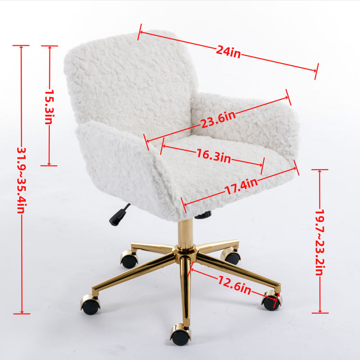 A&A Furniture Office Chair, Artificial Rabbit Hair Home Office Chair With Golden Metal Base, Adjustable Desk Chair Swivel Office Chair, Vanity Chair (Beige)