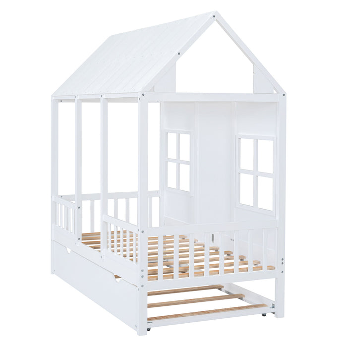 Twin Size Wood House Bed With Twin Size Trundle Wooden Daybed - White