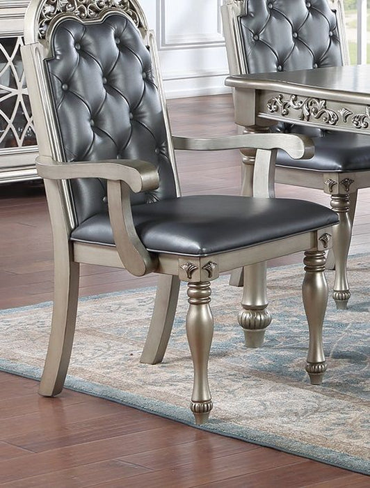 Traditional Silver / Grey Finish 9 Pieces Dining Set Table With 2X Arm Chairs 6X Side Chairs Rubber Wood Intricate Design Tufted Back Cushion Seat Dining Room Furniture