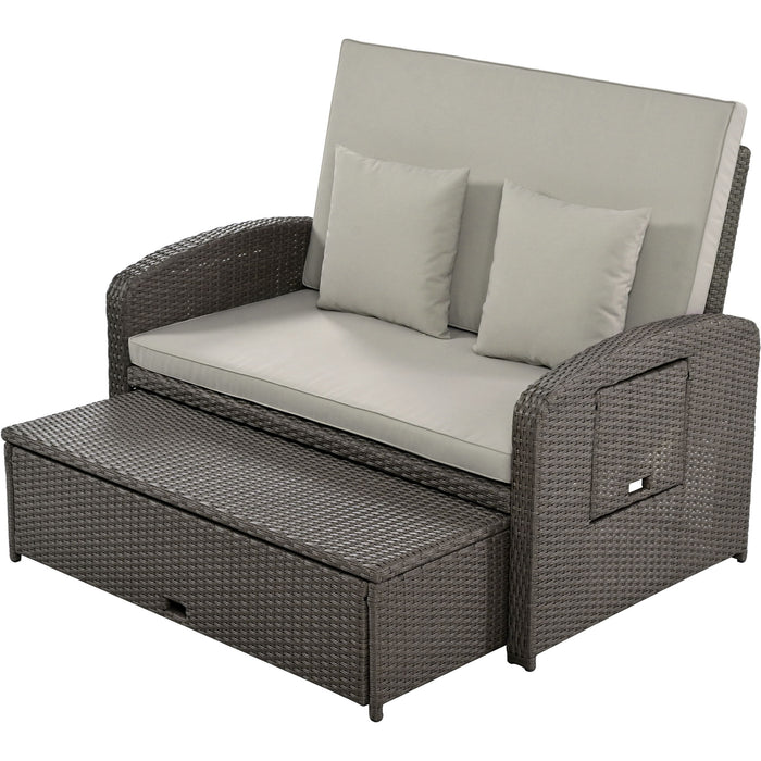 Topmax PE Wicker Rattan Double Chaise Lounge, 2-Person Reclining Daybed With Adjustable Back And Cushions, Free Furniture Protection Cover, Gray