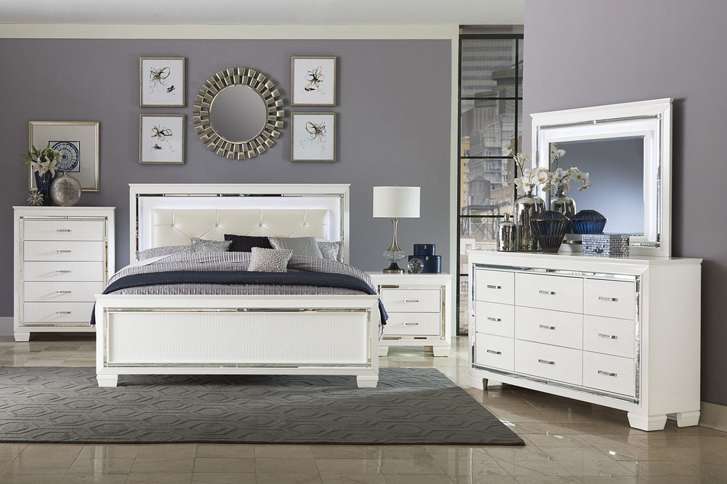 White Finish Dresser Bold Design 9 Drawers Glamorous Faux - Alligator Textured Fronts Wooden Bedroom Furniture