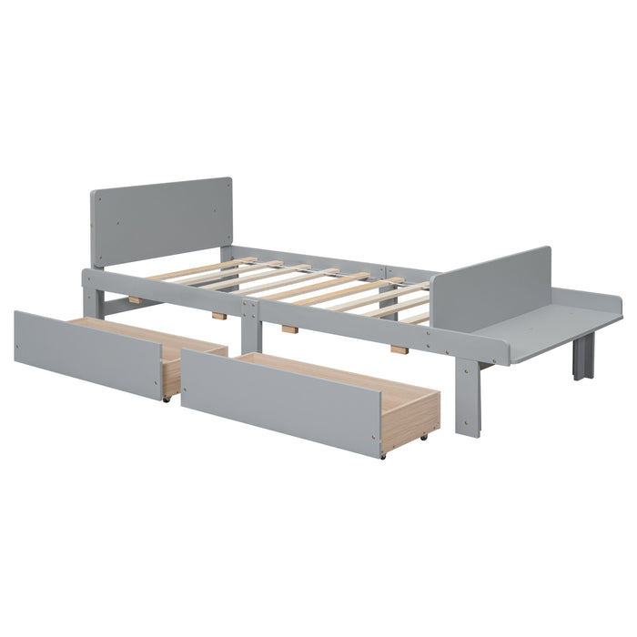 Twin Bed With Footboard Bench, 2 Drawers, Gray
