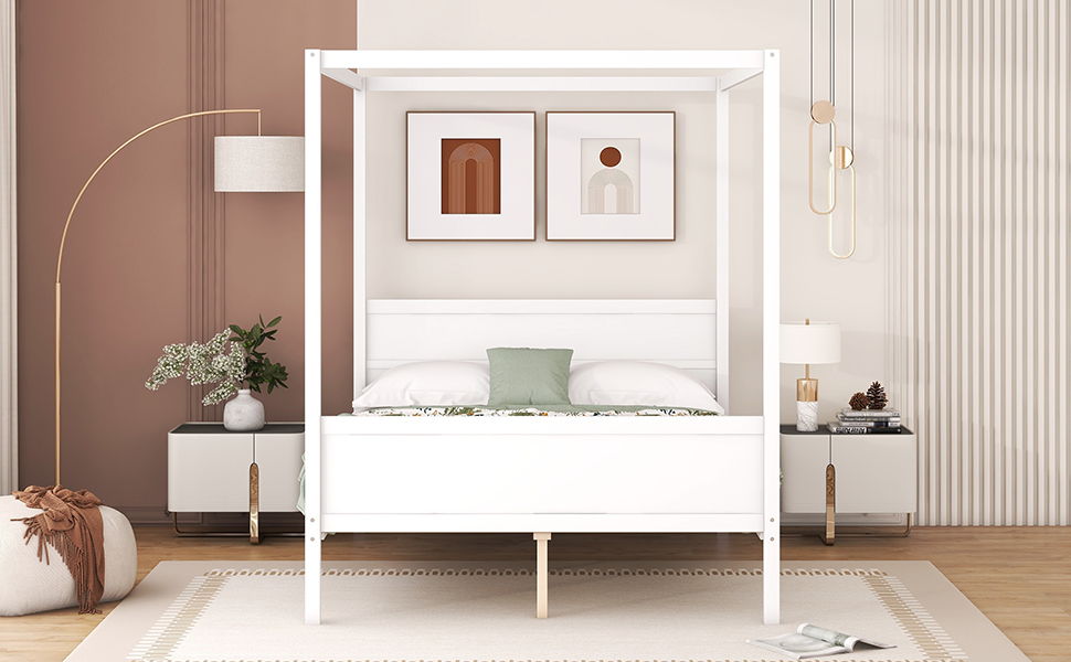 Queen Size Canopy Platform Bed With Headboard And Footboard, Slat Support Leg White