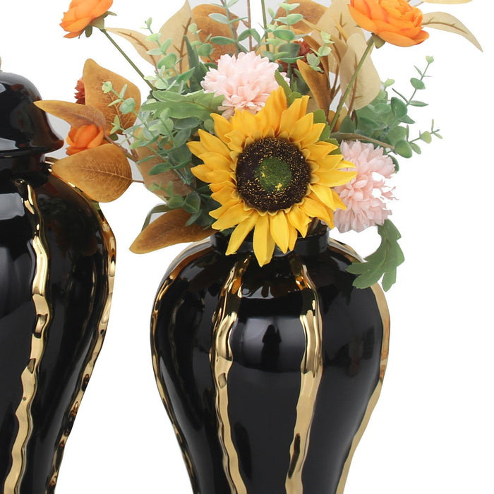 Elegant Ceramic Ginger Jar Vase With Gold Accents And Removable Lid - Timeless Home Decor Black