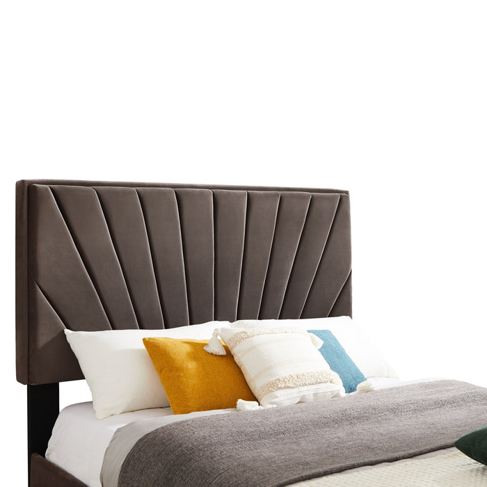 B108 Queen Bed Beautiful Line Stripe Cushion Headboard, Strong Wooden Slats And Metal Legs With Electroplate - Brown