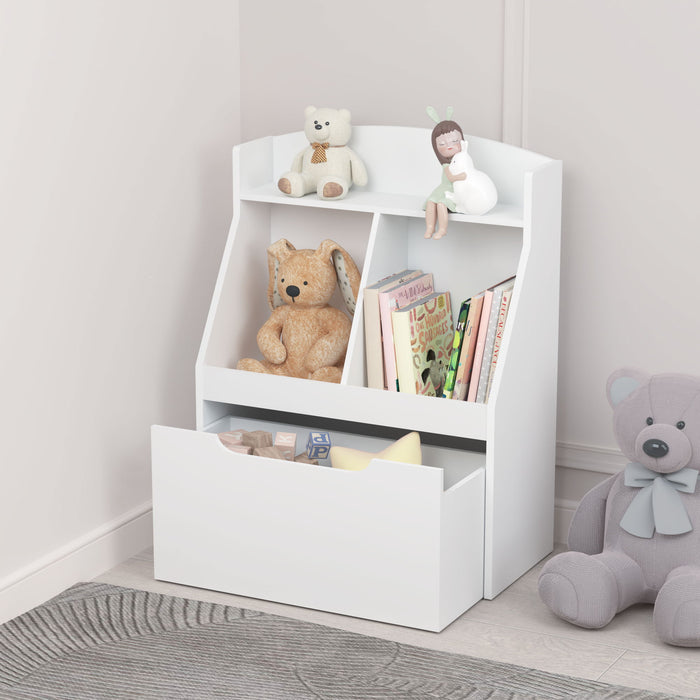 Kids Bookshelf With Drawer And Wheels, Children's Book Display, Wooden Bookcase, Toy Storage Cabinet Organizer, White