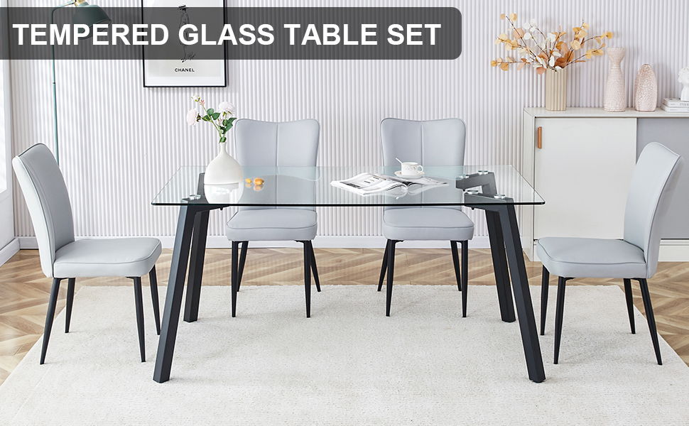 Table And Chair Set, 1 Table And 6 Light Grey Chairs, Glass Dining Table With 0.31" Tempered Glass Tabletop And Black Coated Metal Legs, Equipped With Light Grey PU Chairs