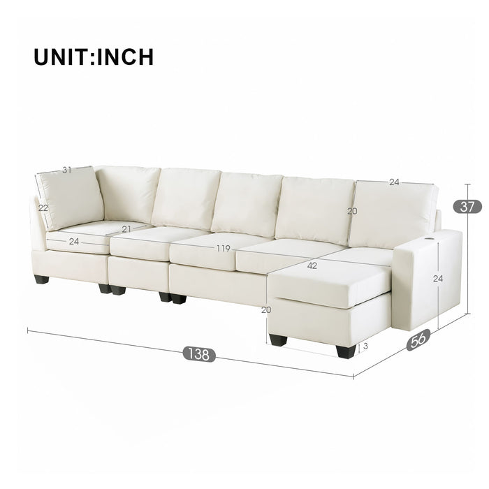 Modern L-Shape Sectional Sofa, 6-Seat Velvet Fabric Couch With Convertible Chaise Lounge, Freely Combinable Indoor Furniture For Living Room, Apartment, Office, 3 Colors - Cream