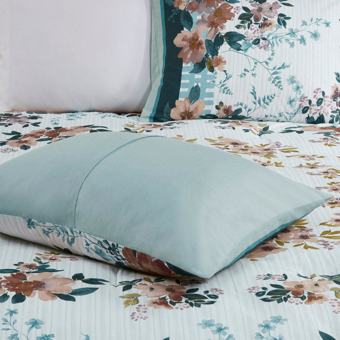 5 Piece Cotton Floral Comforter Set With Throw Pillows - Teal