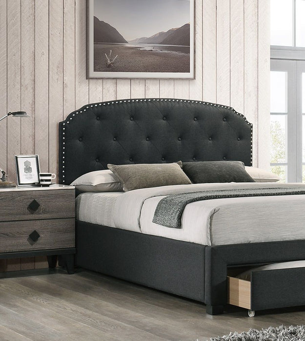 Charcoal Burlap Fabric 1 Piece Full Size Bed With Drawer Button Tufted Headboard Storage Bedframe Bedroom Furniture