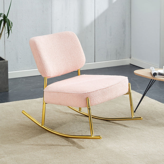 Teddy Velvet Material Cushioned Rocking Chair, Unique Rocking Chair, Cushioned Seat, Pink Backrest Rocking Chair, And Golden Metal Legs Comfortable Side Chairs In The Living Room, Bedroom, And Office