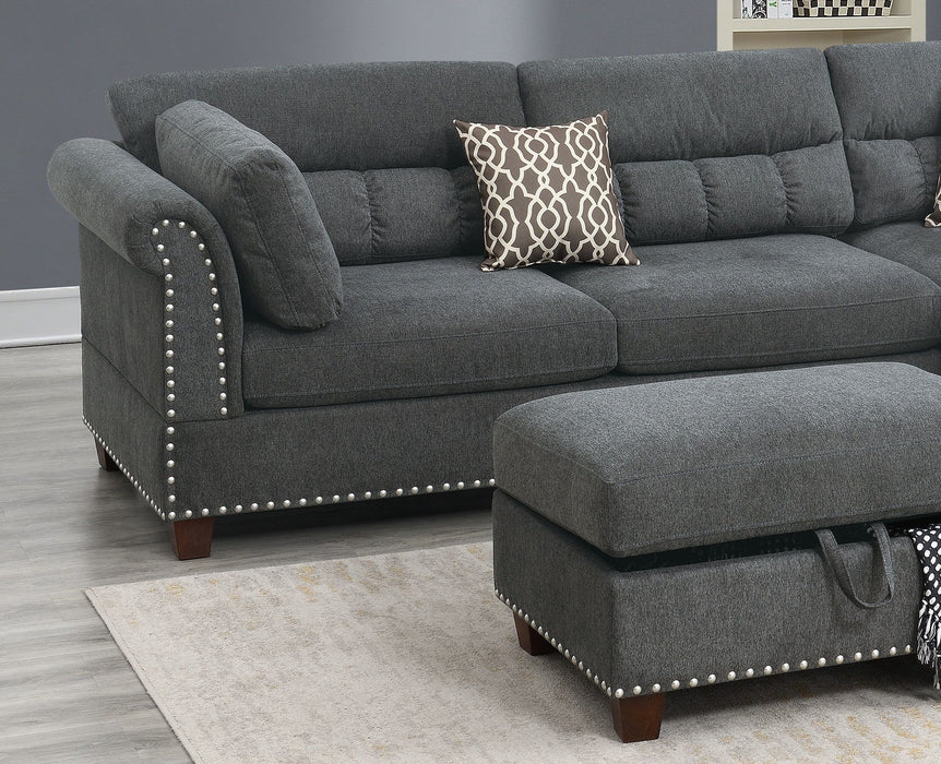 Sectional Sofa Slate Color Velvet Fabric Reversible Chaise Sofa Sectional Pillows Cocktail Storage Ottoman 3 Pieces Set
