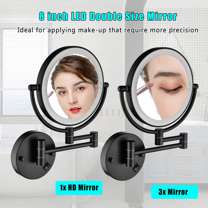 8 Inch Led Wall Mount Two-Sided Magnifying Makeup Vanity Mirror 12 Inch Extension Matte Black 1X/3 Magnification Plug 360 Degree Rotation Waterproof Button Shaving Mirror