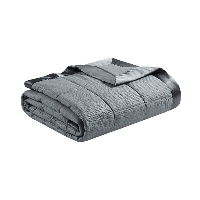 Oversized Down Alternative Blanket With Satin Trim In Charcoal