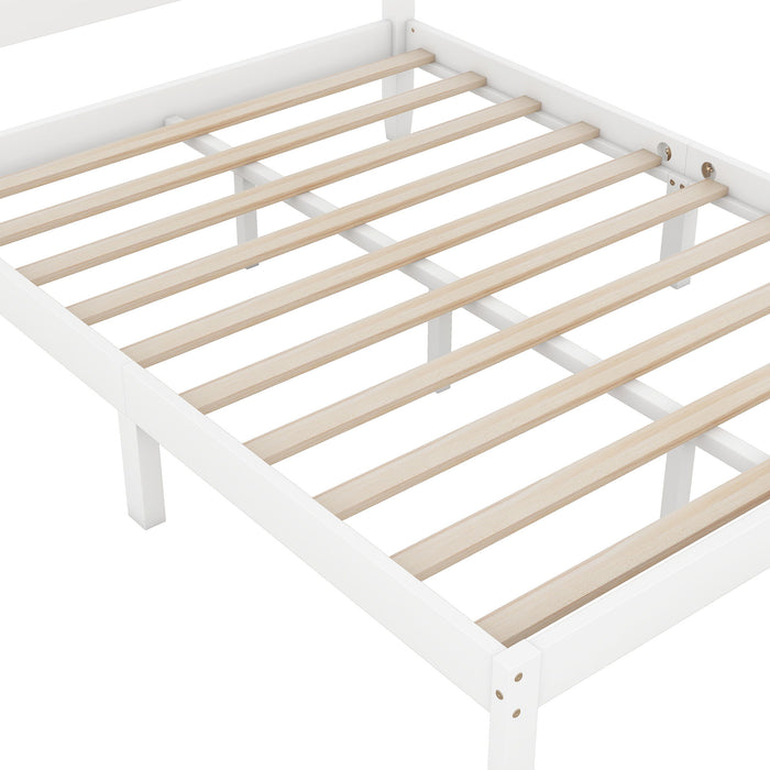 Full Size Wood Platform Bed With Crown Shaped Headboard, White