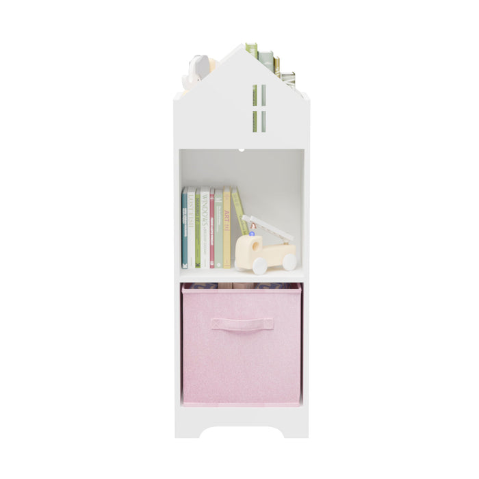 Kids Dollhouse Bookcase With Storage, 2-Tier Storage Display Organizer, Toddler Bookshelf With Collapsible Fabric Drawers For Bedroom Or Playroom (White / Pink)