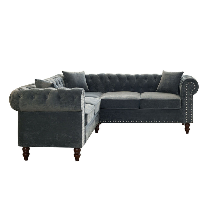 Mh 80" Deep Button Tufted Upholstered Roll Arm Luxury Classic Chesterfield L-Shaped Sofa 3 Pillows Included, Solid Wood Gourd Legs - Gray Velvet