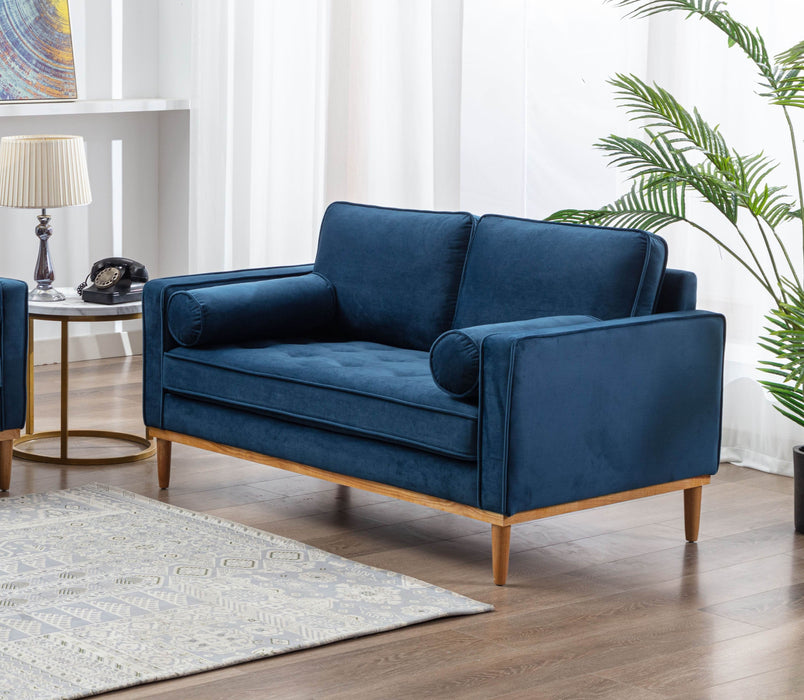 Modern Design 1 Piece Loveseat With Wooden Legs Blue Velvet Tufted Seat And Pillows Living Room Furniture