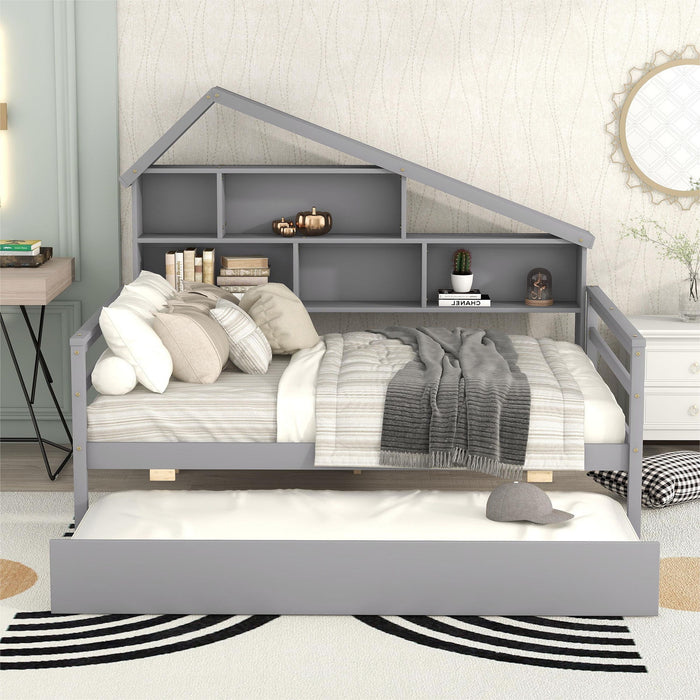 Full Size Platform Bed With Trundle And Shelves, Gray