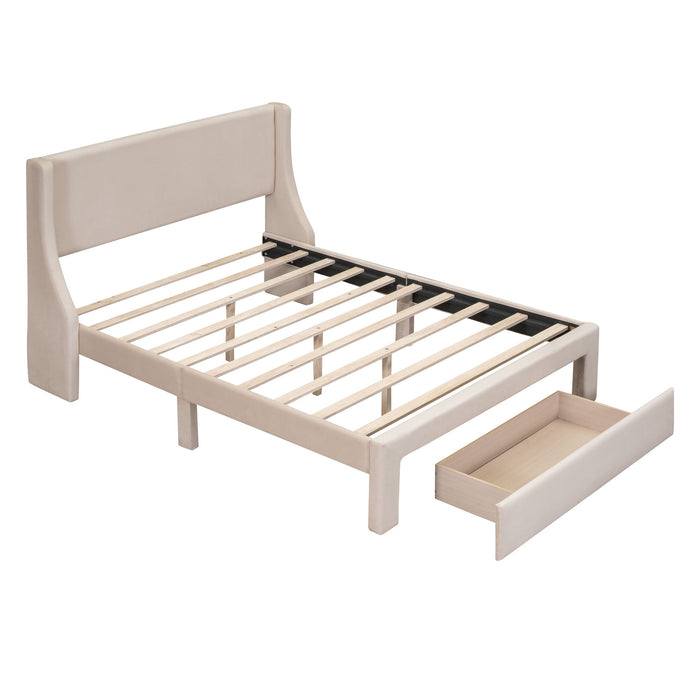 Full Size Storage Bed Velvet Upholstered Platform Bed With A Big Drawer - Beige