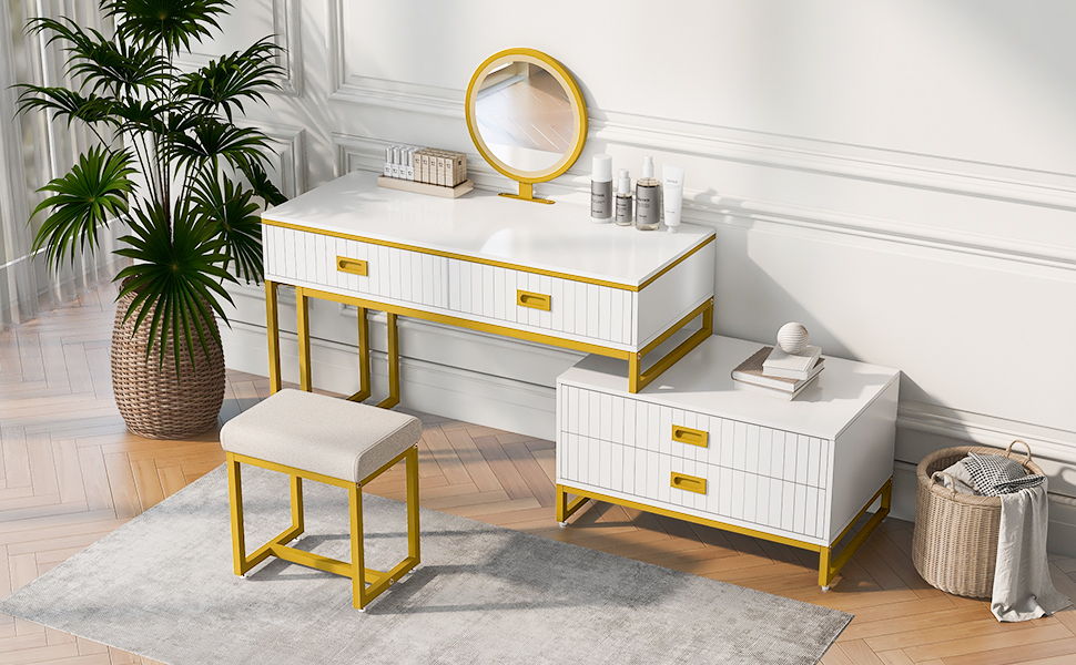 Go Modern Style Vanity Table With Movable Side Cabinet And 4 Drawers, Large Size Dressing Table With Mirror And 3 Colors Led Light, Makeup Table With Stool, White, Golden Legs