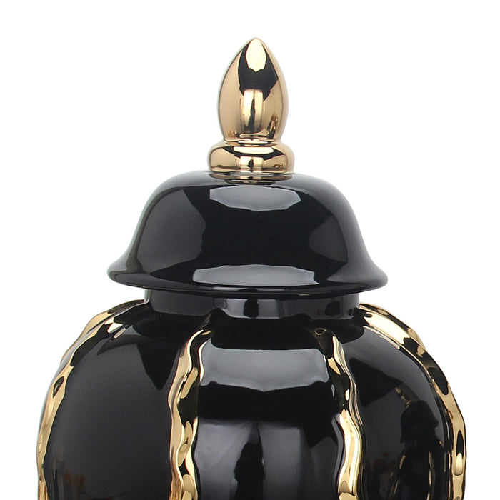 Elegant Black Ceramic Ginger Jar Vase With Gold Accents And Removable Lid - Timeless Home Decor