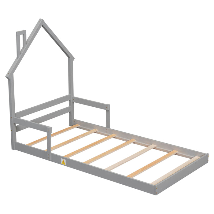 Twin House - Shaped Headboard Floor Bed With Handrails, Slats, Grey