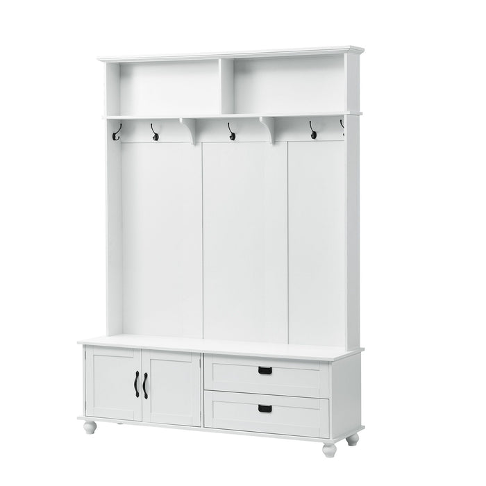 On-Trend Modern Style Hall Tree With Storage Cabinet And 2 Large Drawers, Widen Mudroom Bench With 5 Coat Hooks - White