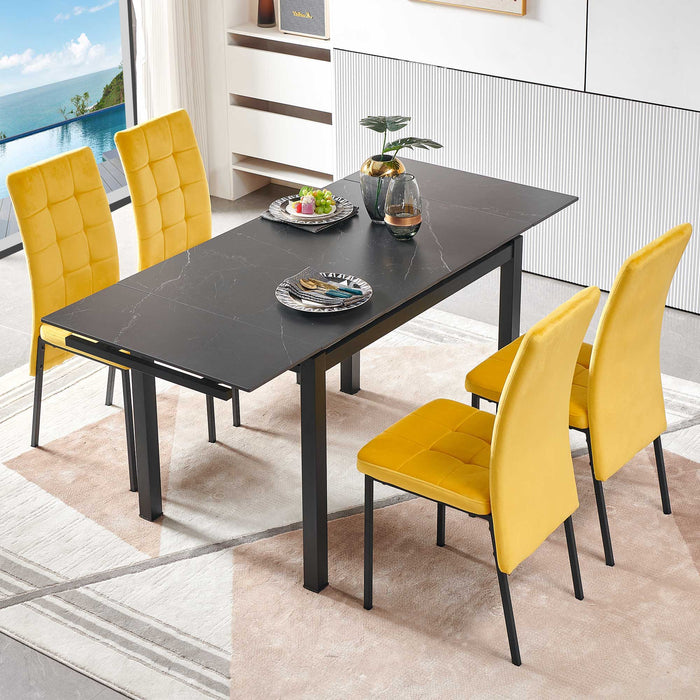 5 Piece Slate Dining Table Dining Set Including Velvet High Back Golden Color Legs For Living Room, Dining Room, Kitchen - Yellow / Black