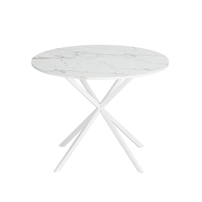 Modern Cross Leg Round Dining Table, White Marble Top Occasional Table, Two Piece Removable Top, Matte Finish Iron Legs - White