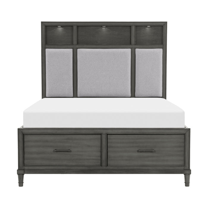 Gray Queen Platform Bed W Storage Drawers Upholstered Headboard USB Ports Led Lights Bedroom Furniture Transitional Style