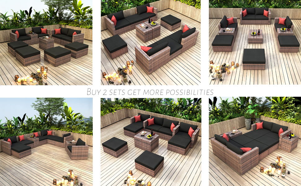 10 Pieces Outdoor Patio Garden Brown Wicker Sectional Conversation Sofa Set With Black Cushions And Red Pillows, With Furniture Protection Cover