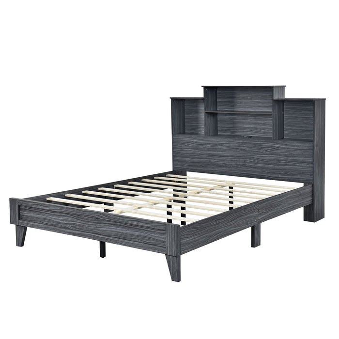 Queen Size Storage Platform Bed Frame With 4 Open Storage Shelves And USB Charging Design, Gray