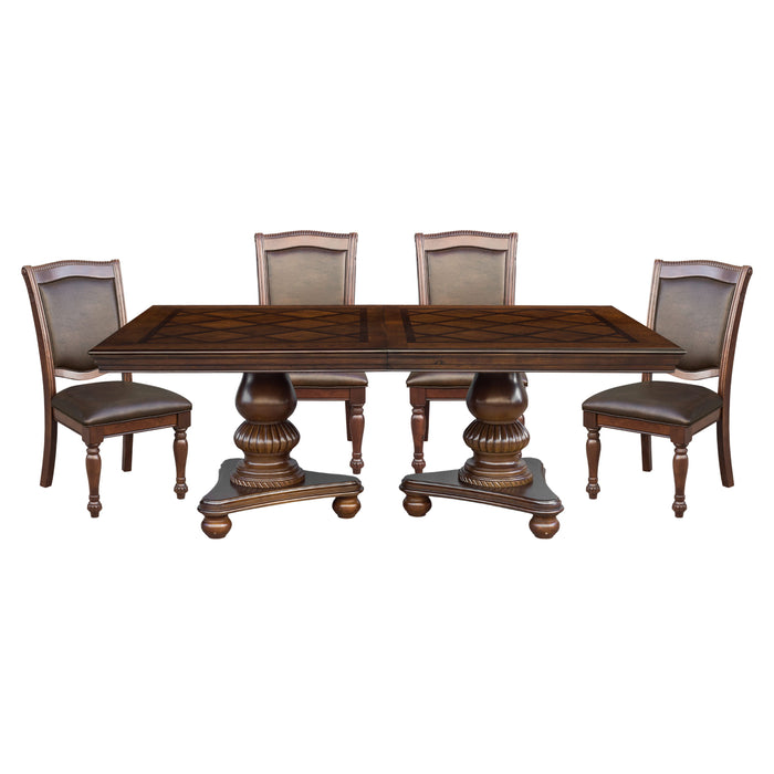 Traditional Dining Table 1 Piece Brown Cherry Finish Double Pedestal Base Separate Extension Leaf Dining Furniture