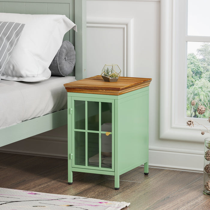Nightstand With Storage Cabinet & Solid Wood Tabletop, Bedside Table, Sofa Side Coffee Table For Bedroom, Living Room, Green