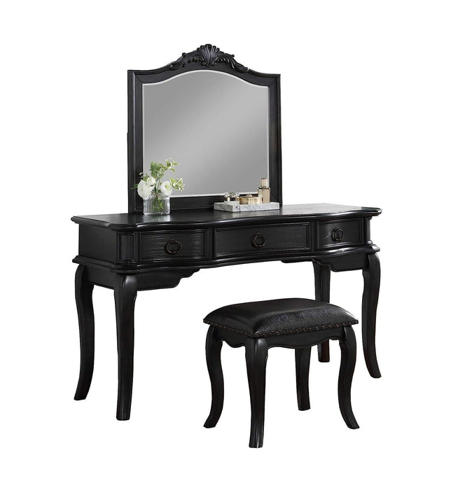 Contemporary Black Color Vanity Set Stool Retro Style Drawers Cabriole-Tapered Legs Mirror Floral Crown Molding Bedroom Furniture