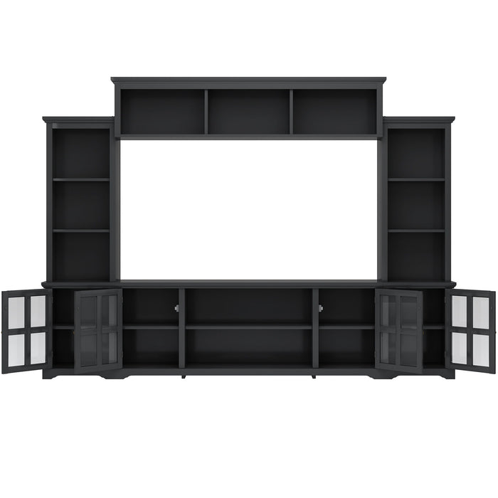 On-Trend Minimalism Style Entertainment Wall Unit With Bridge, Modern TV Console Table For Tvs Up To 70", Multifunctional TV Stand With Tempered Glass Door, Black