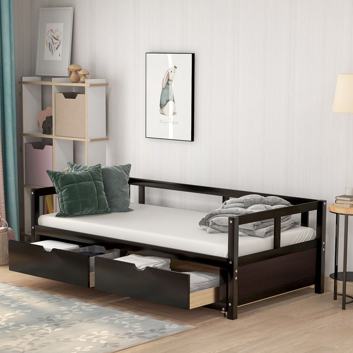 Wooden Daybed With Trundle Bed And Two Storage Drawers, Extendable Bed Daybed, Sofa Bed For Bedroom Living Room, Espresso