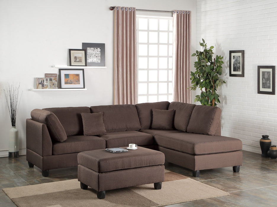 Chocolate Color 3 Pieces Sectional Living Room Furniture Reversible Chaise Sofa And Ottoman Polyfiber Linen Like Fabric Cushion Couch