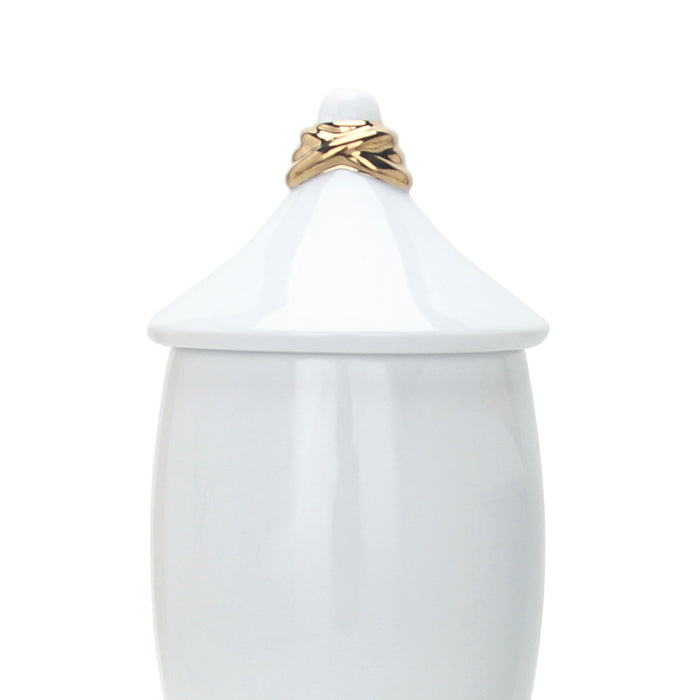 White Ceramic Decorative Jar With Gold Accent And Lid